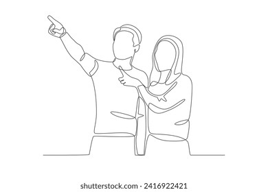Stylish couple photo pointing to the sky. Couple one-line drawing