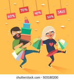 Compras elegantes para casais. Menina loira feliz e namorado cansado ou marido com sacos de compras. Ilustração colorida vetorial em estilo plano