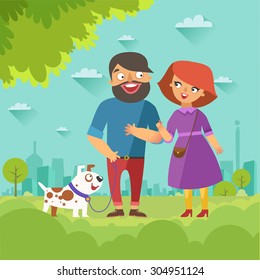 Stylish couple walking their cute dog. Man and woman with a dog walking along the park on city background. Vector colorful illustration with male character in flat style