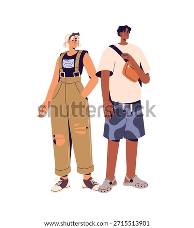 Stylish couple is wearing summer clothes: t-shirt, shorts, jumpsuit. Happy people, man and woman in outfits for hot weather stand together. Flat isolated vector illustration on white background