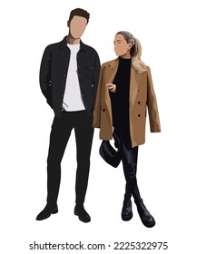 Stylish couple of young people. Man and woman on a white background. Cute and beautiful couple. Vector illustration