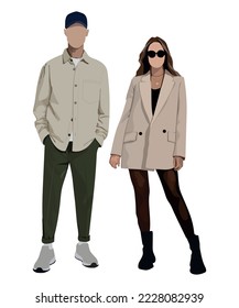 Stylish couple of young people. Man and woman on a white background. Vector illustration in a flat style