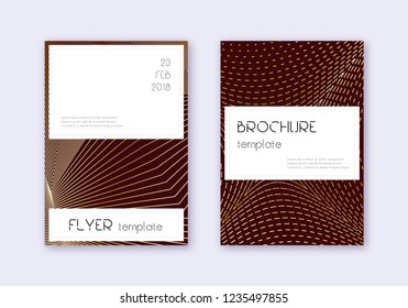 Stylish cover design template set. Gold abstract lines on maroon background. Favorable cover design. Fresh catalog, poster, book template etc.