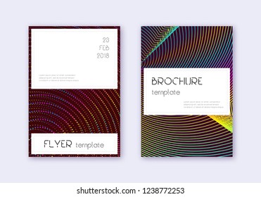 Stylish cover design template set. Rainbow abstract lines on wine red background. Fine cover design. Bizarre catalog, poster, book template etc.