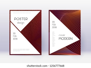 Stylish cover design template set. Orange abstract lines on wine red background. Fantastic cover design. Charming catalog, poster, book template etc.