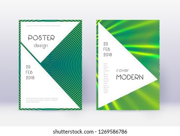 Stylish cover design template set. Green abstract lines on dark background. Fancy cover design. Fantastic catalog, poster, book template etc.