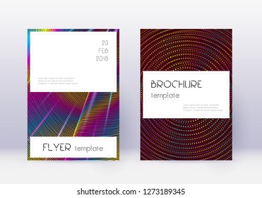 Stylish cover design template set. Rainbow abstract lines on wine red background. Fine cover design. Classic catalog, poster, book template etc.