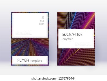 Stylish cover design template set. Rainbow abstract lines on wine red background. Fine cover design. Energetic catalog, poster, book template etc.