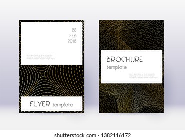 Stylish cover design template set. Gold abstract lines on black background. Fascinating cover design. Unique catalog, poster, book template etc.