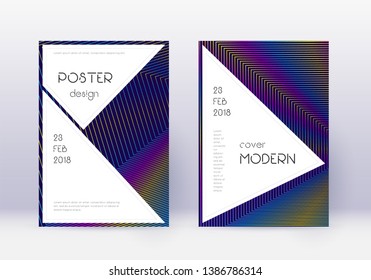 Stylish cover design template set. Rainbow abstract lines on dark blue background. Fantastic cover design. Incredible catalog, poster, book template etc.