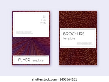 Stylish cover design template set. Orange abstract lines on wine red background. Fetching cover design. Exotic catalog, poster, book template etc.