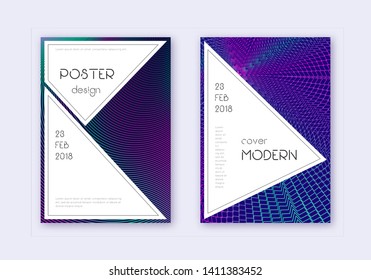 Stylish cover design template set. Neon abstract lines on dark blue background. Fancy cover design. Sightly catalog, poster, book template etc.