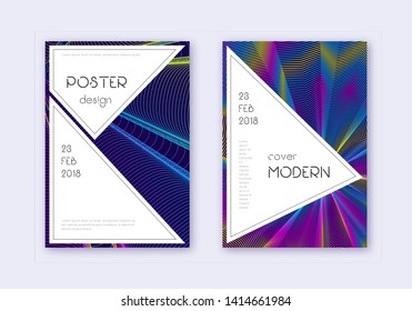 Stylish cover design template set. Rainbow abstract lines on dark blue background. Fantastic cover design. Indelible catalog, poster, book template etc.