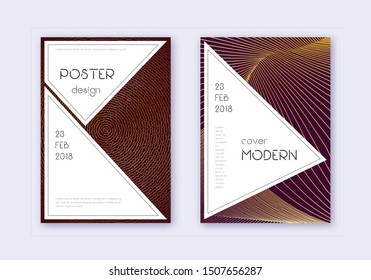 Stylish cover design template set. Gold abstract lines on maroon background. Fair cover design. Symmetrical catalog, poster, book template etc.