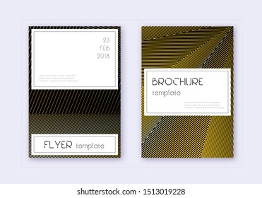 Stylish cover design template set. Gold abstract lines on black background. Favorable cover design. Beauteous catalog, poster, book template etc.