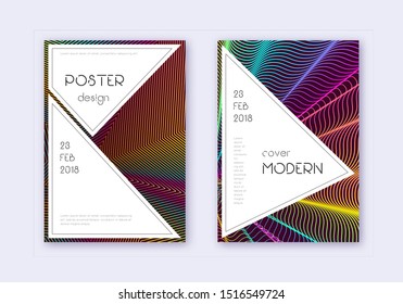 Stylish cover design template set. Rainbow abstract lines on wine red background. Fantastic cover design. Symmetrical catalog, poster, book template etc.