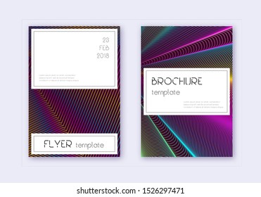 Stylish cover design template set. Rainbow abstract lines on wine red background. Fine cover design. Fancy catalog, poster, book template etc.