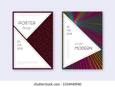Stylish cover design template set. Rainbow abstract lines on wine red background. Fantastic cover design. Positive catalog, poster, book template etc.