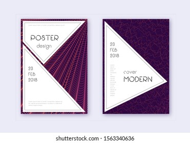 Stylish cover design template set. Violet abstract lines on dark background. Fascinating cover design. Juicy catalog, poster, book template etc.