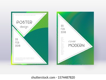 Stylish cover design template set. Green abstract lines on dark background. Fancy cover design. Comely catalog, poster, book template etc.