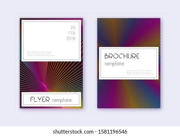 Stylish cover design template set. Rainbow abstract lines on wine red background. Fine cover design. Classy catalog, poster, book template etc.