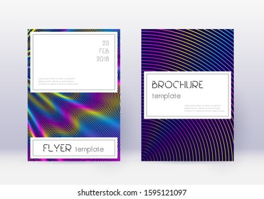 Stylish cover design template set. Rainbow abstract lines on dark blue background. Fetching cover design. Rare catalog, poster, book template etc.