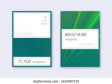 Stylish cover design template set. Green abstract lines on dark background. Favorable cover design. Precious catalog, poster, book template etc.