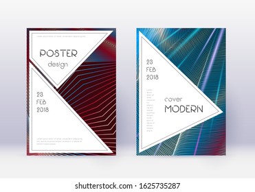 Stylish cover design template set. Red abstract lines on white blue background. Fascinating cover design. Charming catalog, poster, book template etc.