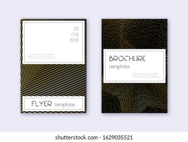 Stylish cover design template set. Gold abstract lines on black background. Fascinating cover design. Vibrant catalog, poster, book template etc.