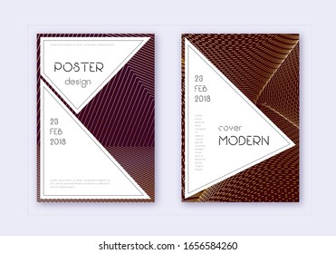 Stylish cover design template set. Gold abstract lines on maroon background. Fair cover design. Splendid catalog, poster, book template etc.