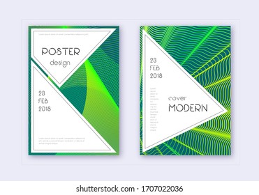 Stylish cover design template set. Green abstract lines on dark background. Fancy cover design. Brilliant catalog, poster, book template etc.