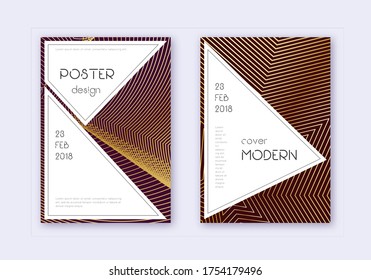Stylish cover design template set. Gold abstract lines on maroon background. Fancy cover design. Astonishing catalog, poster, book template etc.