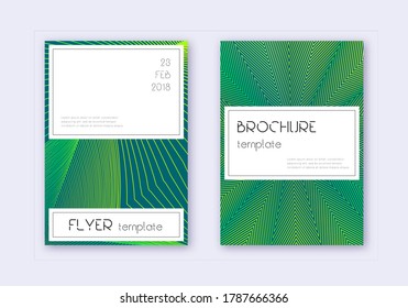 Stilvolles Cover Design Template Set. Grüne abstrakte Linien auf dunklem Hintergrund. Günstige Covergestaltung. Angenehmer Katalog, Poster, Buchvorlage etc.