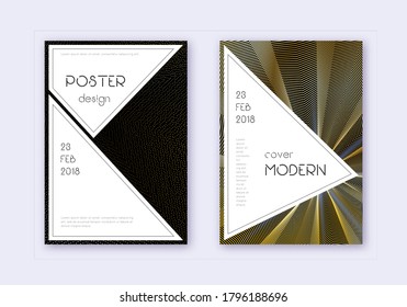 Conjunto de plantillas de diseño de portada elegante. Líneas abstractas de oro sobre fondo negro. Diseño de portada justa. Catálogo memorable, afiche, plantilla de libro, etc.