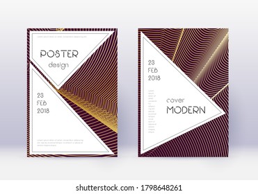 Stilvolles Cover Design Template Set. Goldene abstrakte Linien auf Maronhintergrund. Fancy Cover Design. Attraktiver Katalog, Plakat, Buchvorlage etc.