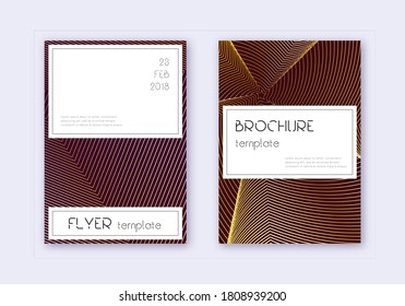 Conjunto de plantillas de diseño de portada elegante. Líneas abstractas de oro sobre fondo marrón. Diseño de portada favorable. Fabuloso catálogo, afiche, plantilla de libro, etc.
