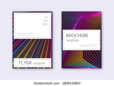 Stylish cover design template set. Rainbow abstract lines on wine red background. Fine cover design. Exotic catalog, poster, book template etc.