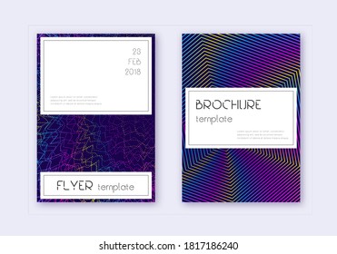 Stylish cover design template set. Rainbow abstract lines on dark blue background. Fetching cover design. Pleasing catalog, poster, book template etc.