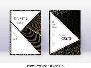 Stylish cover design template set. Gold abstract lines on black background. Fair cover design. Exotic catalog, poster, book template etc.