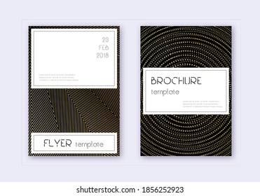 Stilvolles Cover Design Template Set. Goldene abstrakte Linien auf schwarzem Hintergrund. Günstige Covergestaltung. Atemberaubender Katalog, Poster, Buchvorlage etc.