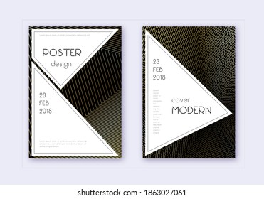 Stylish cover design template set. Gold abstract lines on black background. Fair cover design. Outstanding catalog, poster, book template etc.