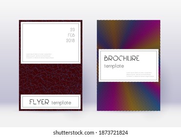 Conjunto de plantillas de diseño de portada elegante. Líneas abstractas del arcoiris sobre fondo rojo del vino. Diseño de portada fina. Catálogo elegante, afiche, plantilla de libro, etc.