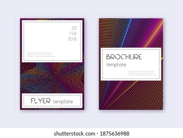 Conjunto de plantillas de diseño de portada elegante. Líneas abstractas del arcoiris sobre fondo rojo del vino. Diseño de portada fina. Catálogo genial, afiche, plantilla de libro, etc.