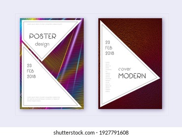 Conjunto de plantillas de diseño de portada elegante. Líneas abstractas del arcoiris sobre fondo rojo del vino. Fantástico diseño de la cubierta. Magnífico catálogo, afiche, plantilla de libro, etc.