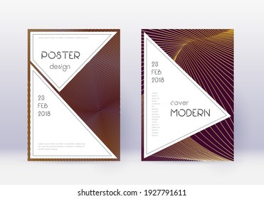 Conjunto de plantillas de diseño de portada elegante. Líneas abstractas de oro sobre fondo marrón. Diseño de portada justa. Catálogo sublime, afiche, plantilla de libro, etc.