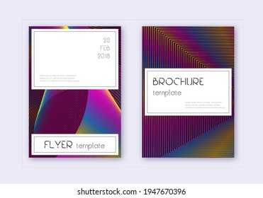 Conjunto de plantillas de diseño de portada elegante. Líneas abstractas del arcoiris sobre fondo rojo del vino. Diseño de portada fina. Catálogo brillante, afiche, plantilla de libro, etc.