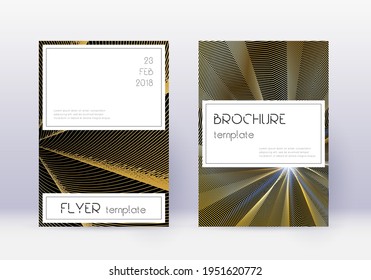 Conjunto de plantillas de diseño de portada elegante. Líneas abstractas de oro sobre fondo negro. Diseño de cubierta fascinante. Valioso catálogo, afiche, plantilla de libro, etc.