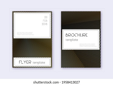 Stylish cover design template set. Gold abstract lines on black background. Fascinating cover design. Unusual catalog, poster, book template etc.