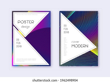 Stilvolles Cover Design Template Set. Abstrakte Regenbogen-Linien auf dunkelblauem Hintergrund. Fantastisches Cover-Design. Fantasievoll Katalog, Poster, Buchvorlage etc.