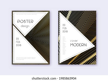 Conjunto de plantillas de diseño de portada elegante. Líneas abstractas de oro sobre fondo negro. Diseño de portada justa. Catálogo magnético, afiche, plantilla de libro, etc.